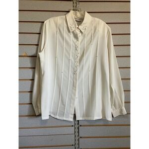 Napa Valley Womens Off White Floral Embroidered Long Sleeve Button Up Shirt M